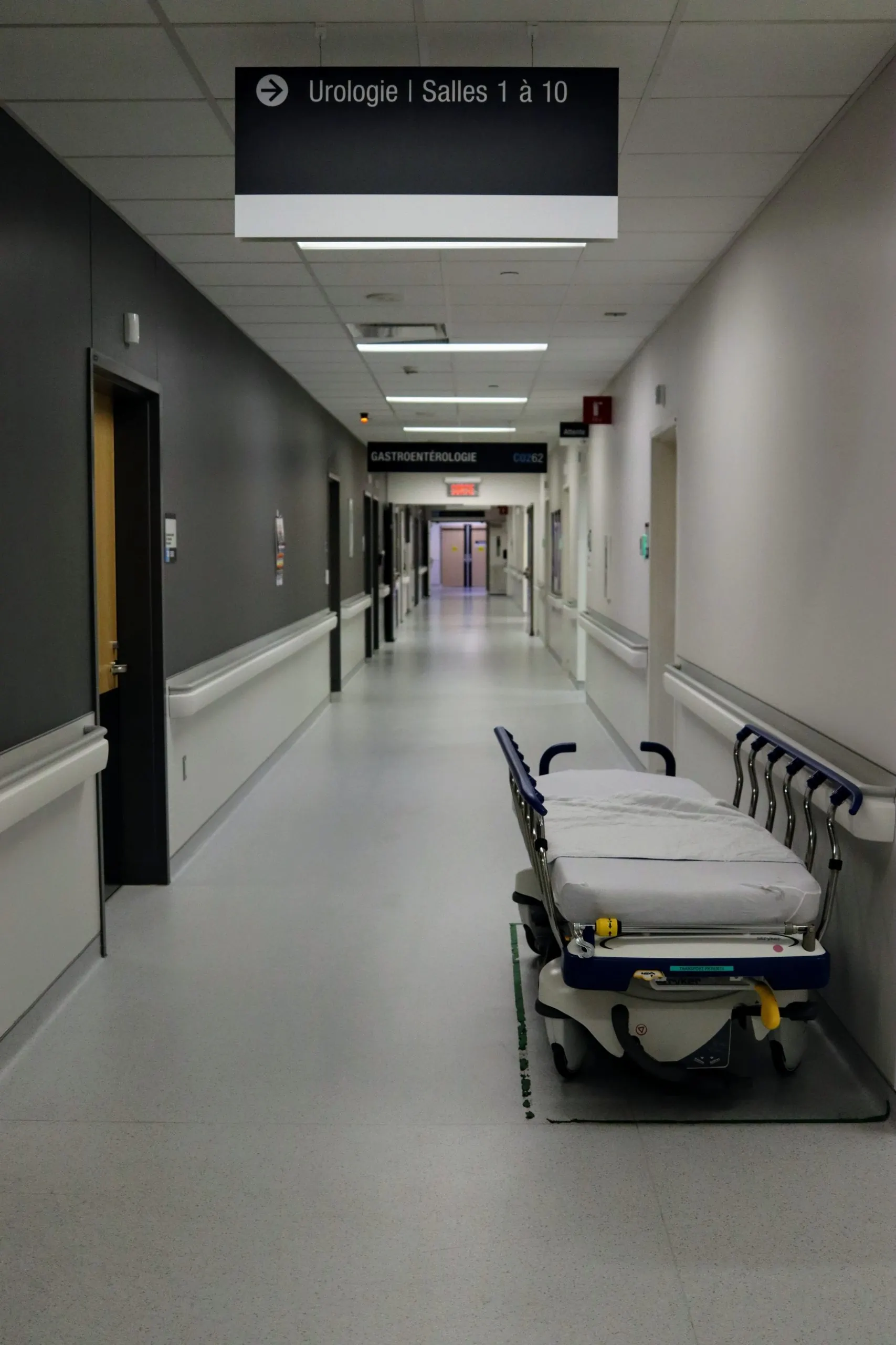 Hallway of healthcare facility protected by Verkada surveillance system with monitor