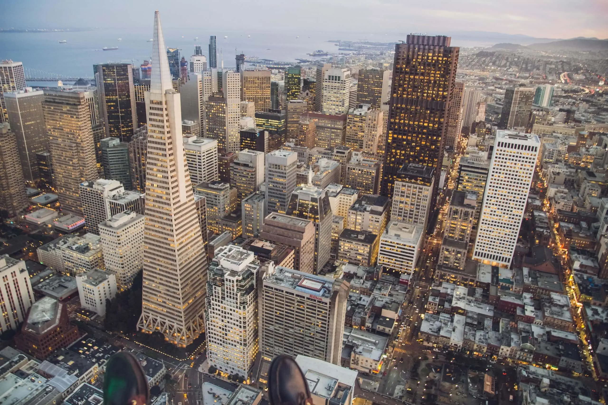 Aerial view of San Francisco downtown with businesses that have security cameras