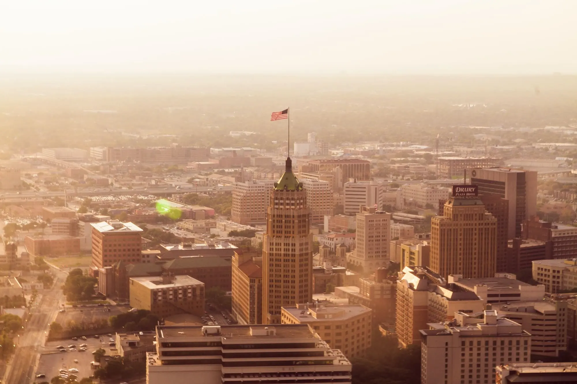 Aerial view of downtown San Antonio with enterprises that have advanced security cameras