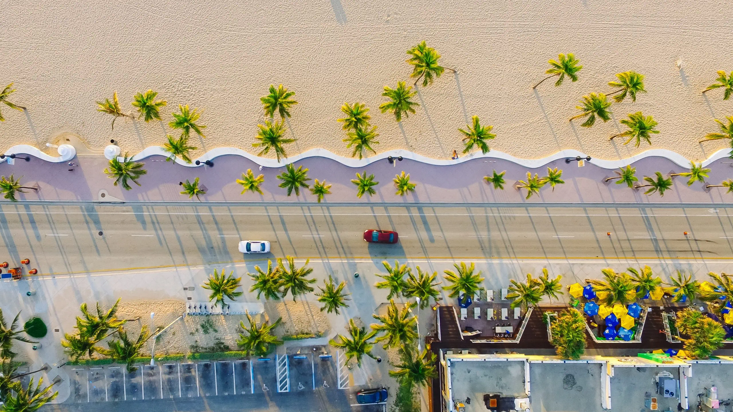 Overhead aerial view of street in Miami by businesses that are protected with security cameras