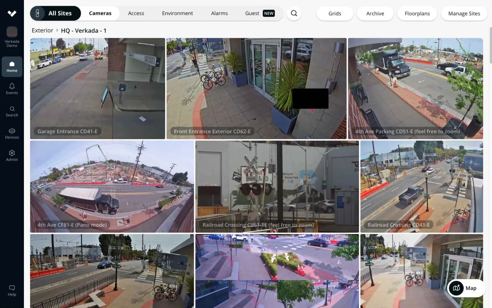 Verkada’s Command interface displaying 9 different boxs of footage from the security cameras of a business in Fort Worth