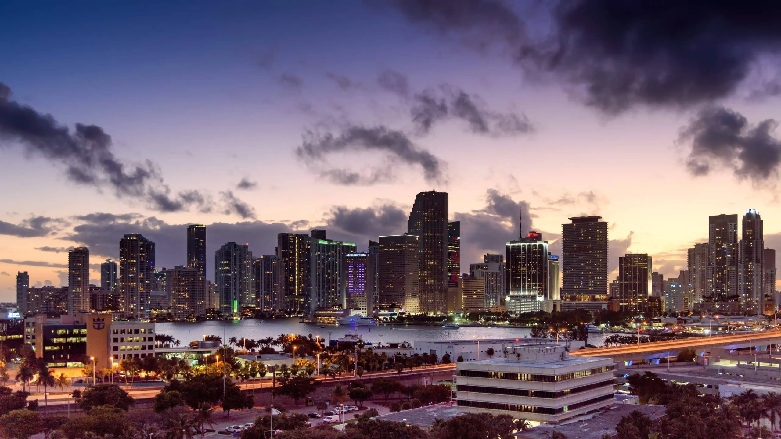 Skyline of Downtown Miami full of enterprises with security cameras
