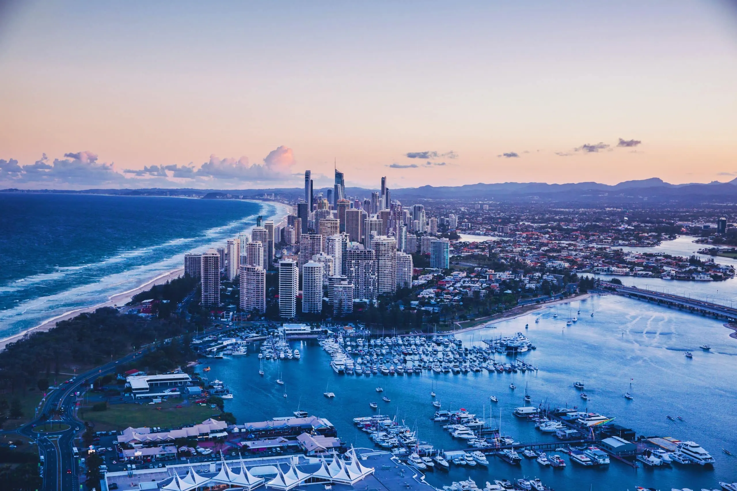 Skyline of the Gold Coast with businesses that are secure with surveillance cameras