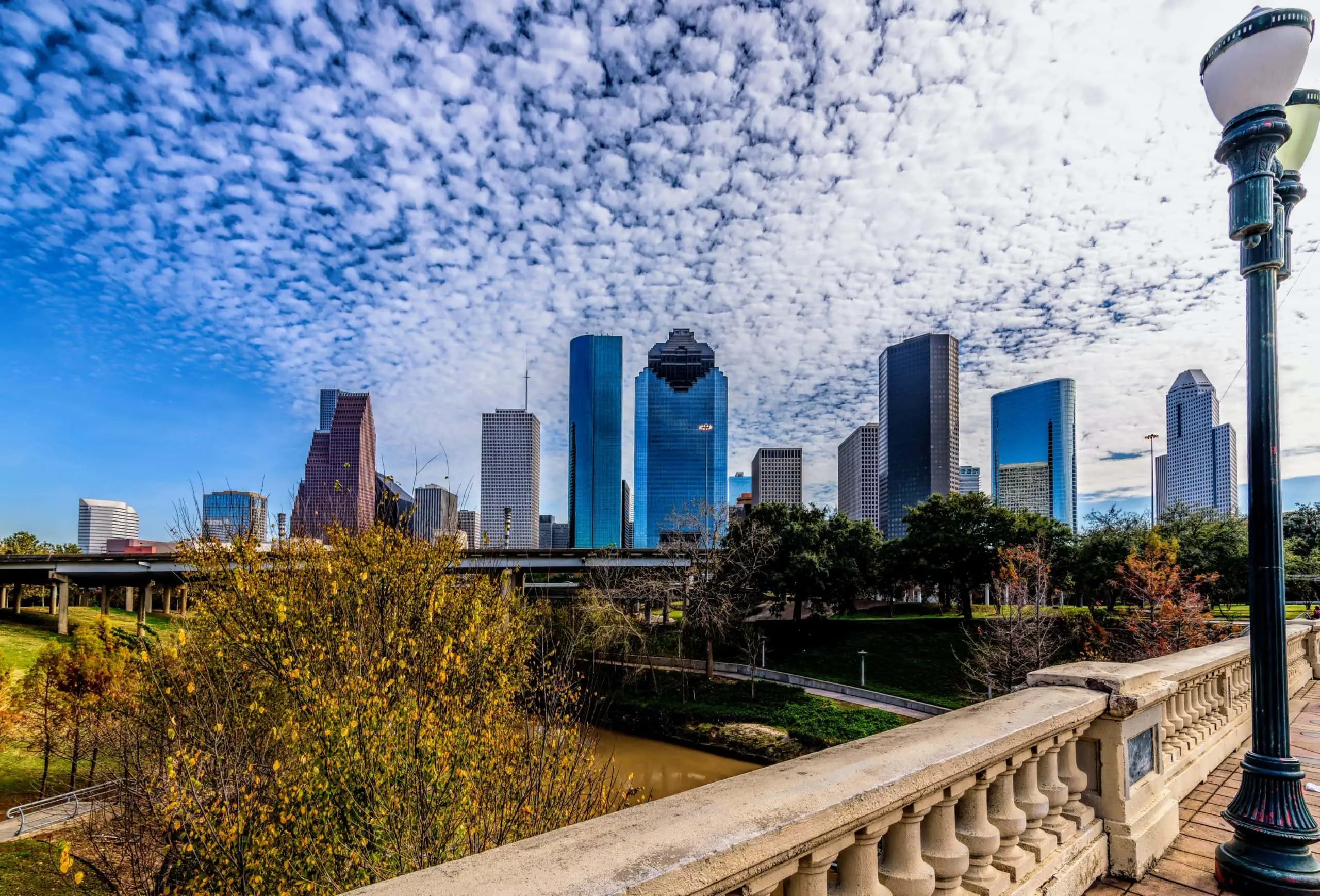 Skyline of Houston with businesses that are protected by security cameras