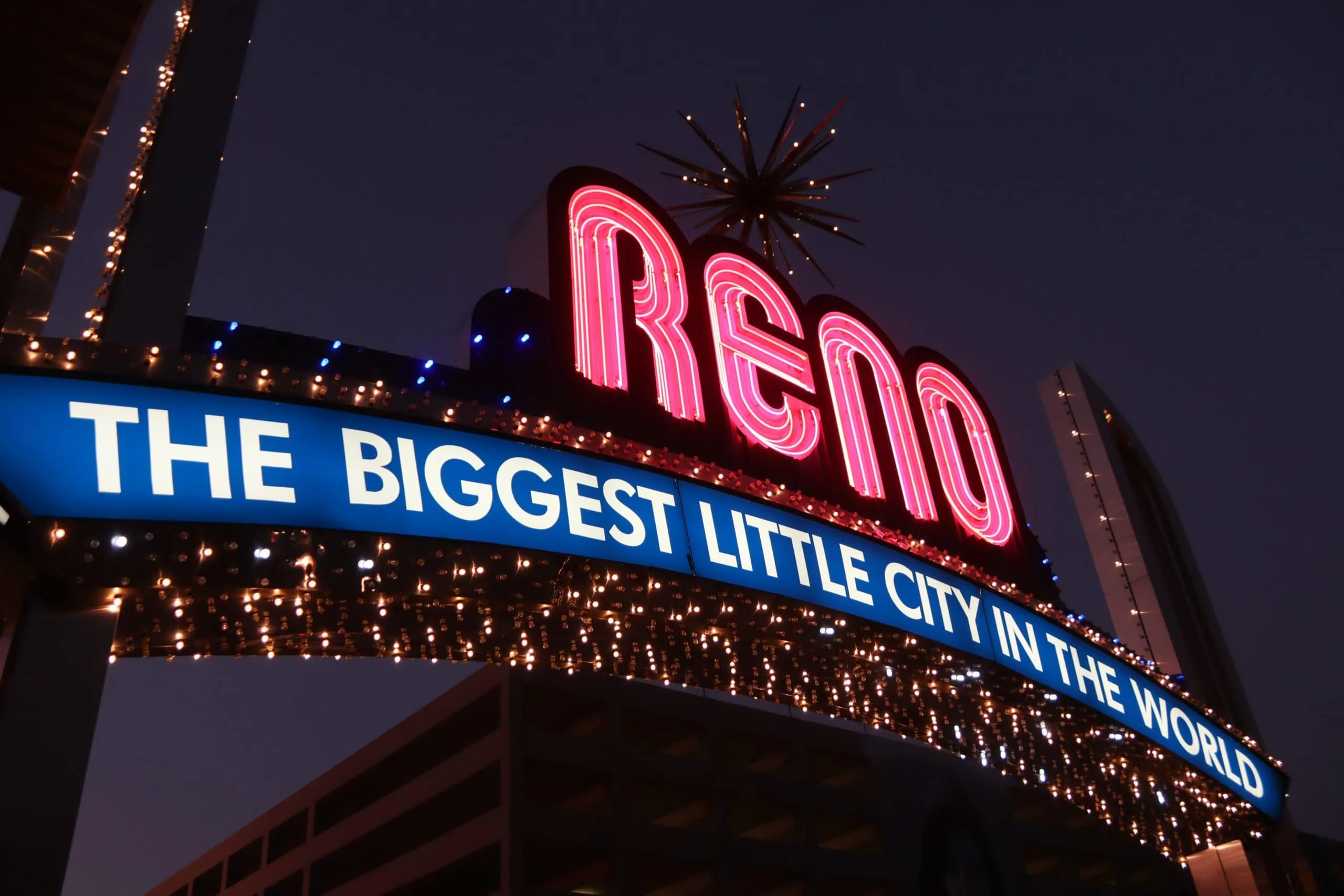 Lit-up sign that reads “The Biggest Little City” to describe the city of Reno, safe with security camera systems