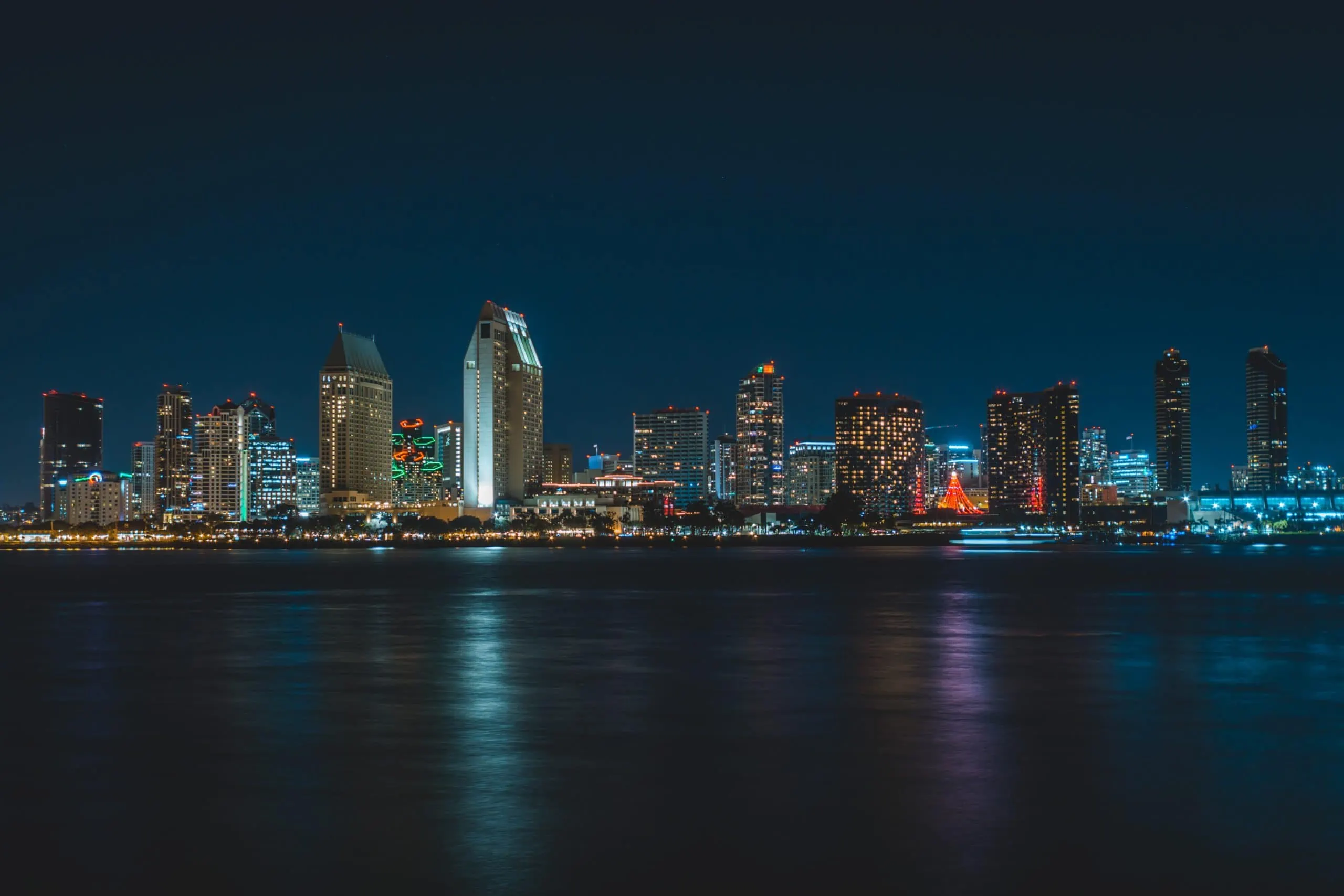 Skyline of San Diego at night full of businesses that are secure with Verkada cameras