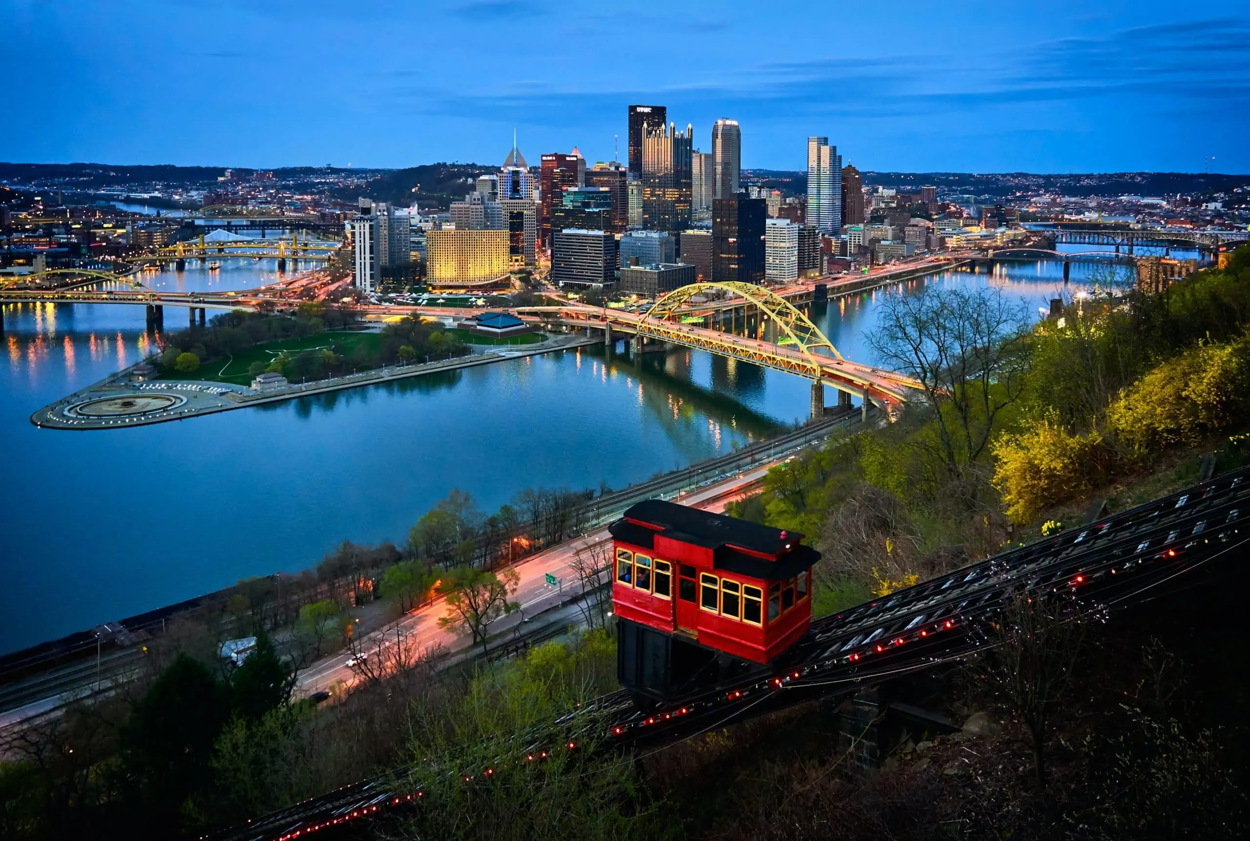 Skyline of the City of Pittsburgh with businesses protected by security cameras