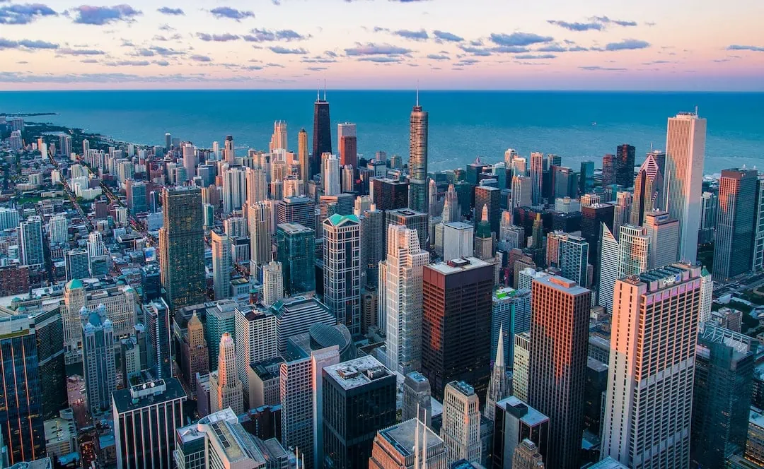 Skyline of Downtown Chicago that has businesses with security camera systems