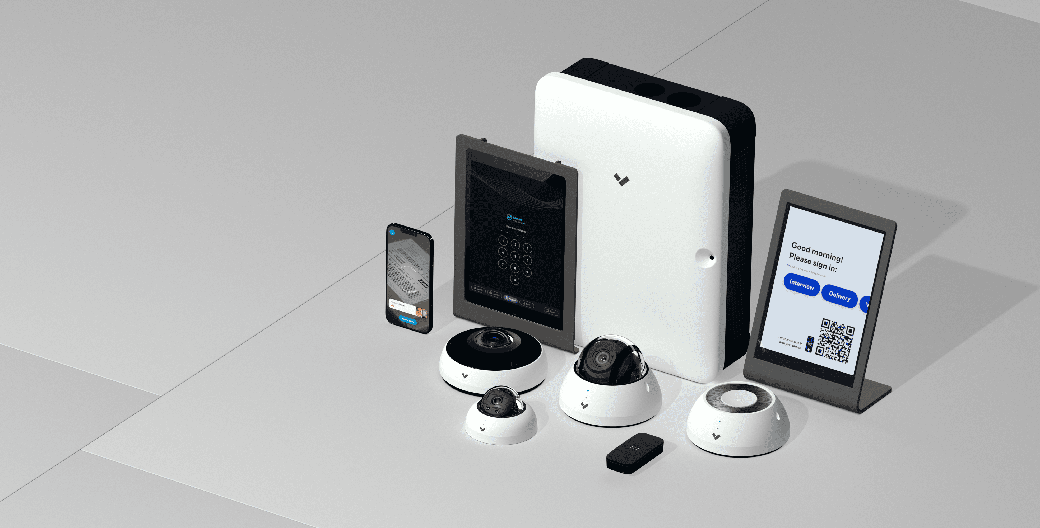Verkada secuirty device family including CM61 Mini Dome camera