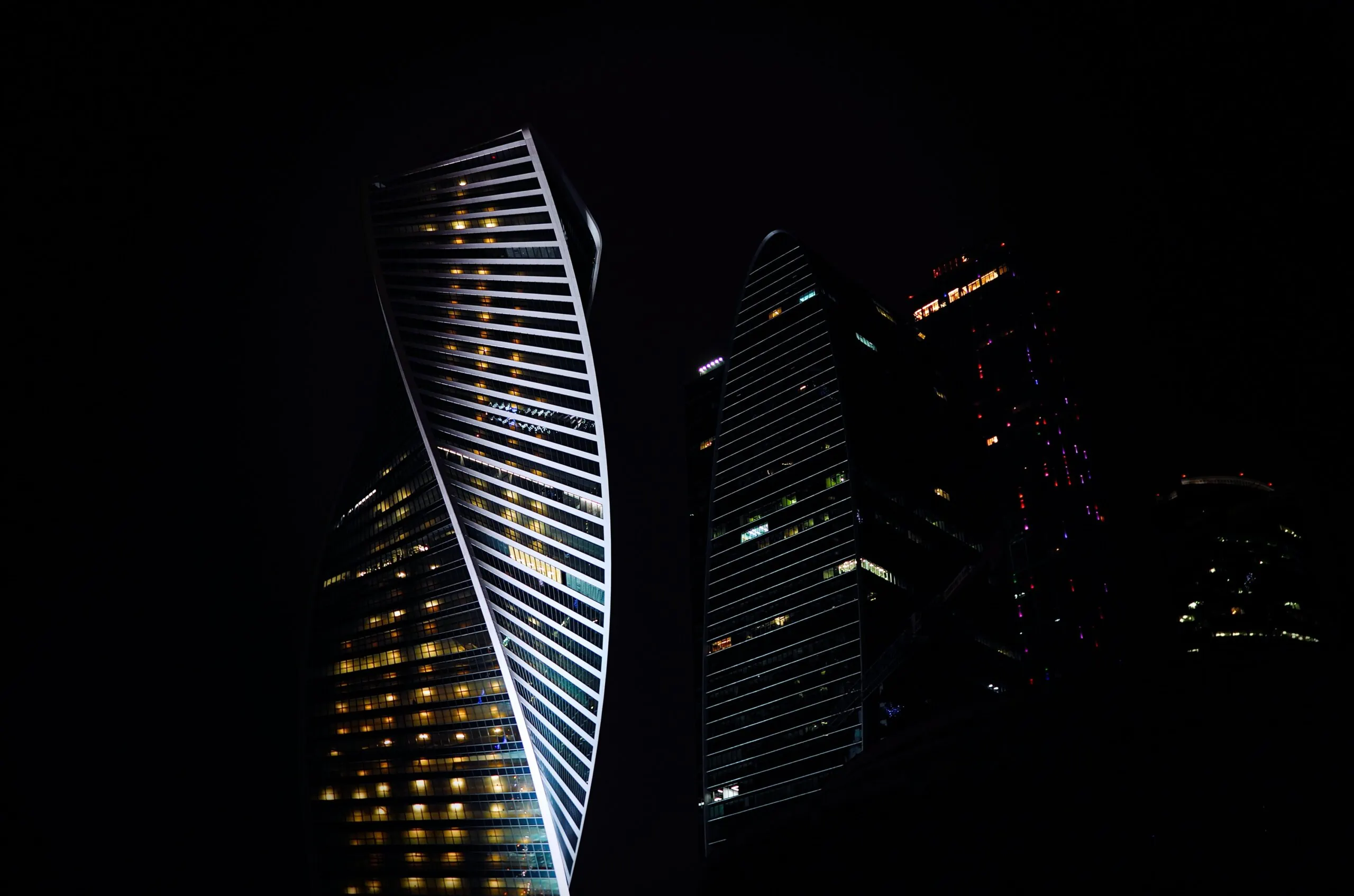 Business skyscrapers secure in dark lighting conditions with 4k surveillance cameras