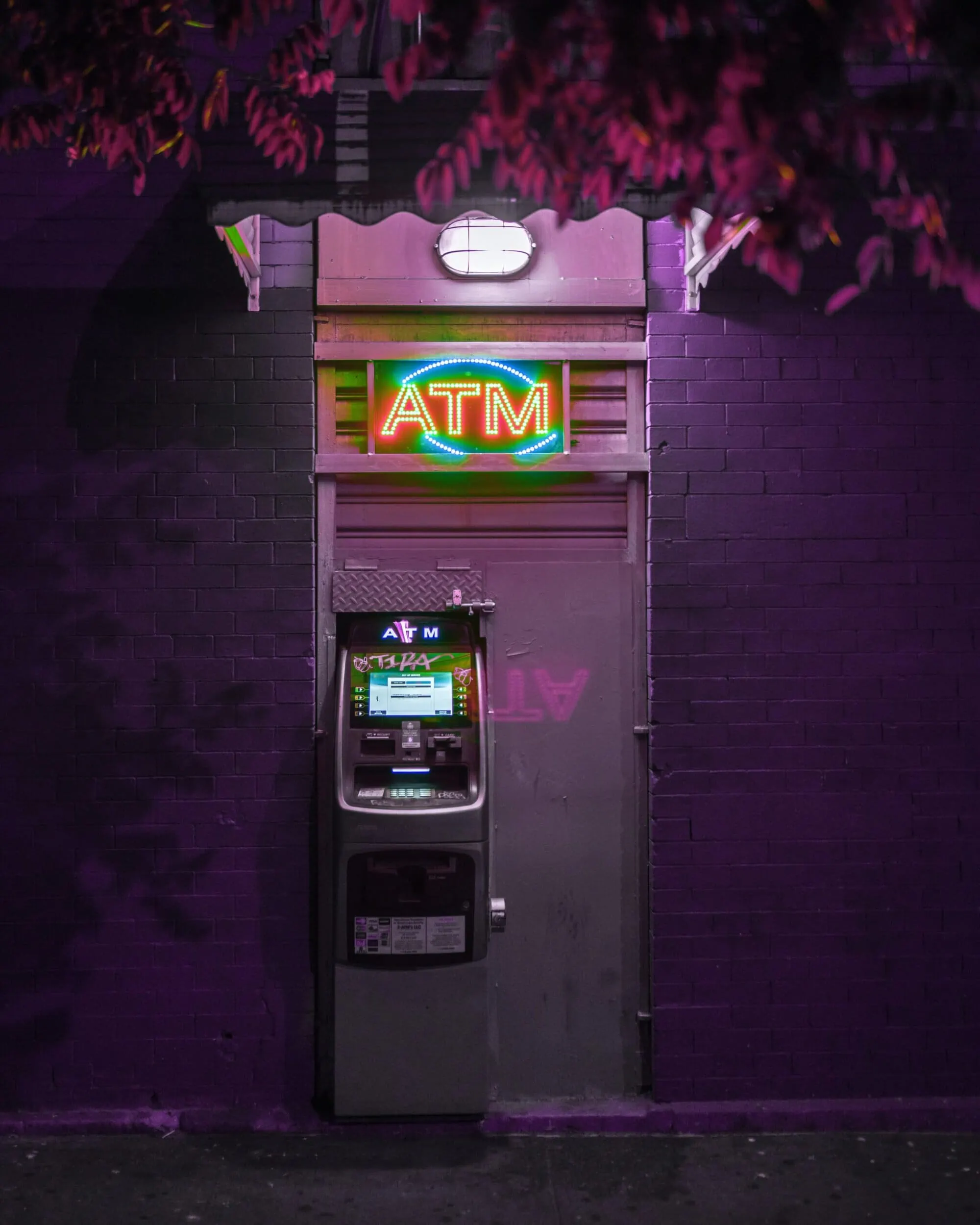 ATM at night secure with bank security cameras