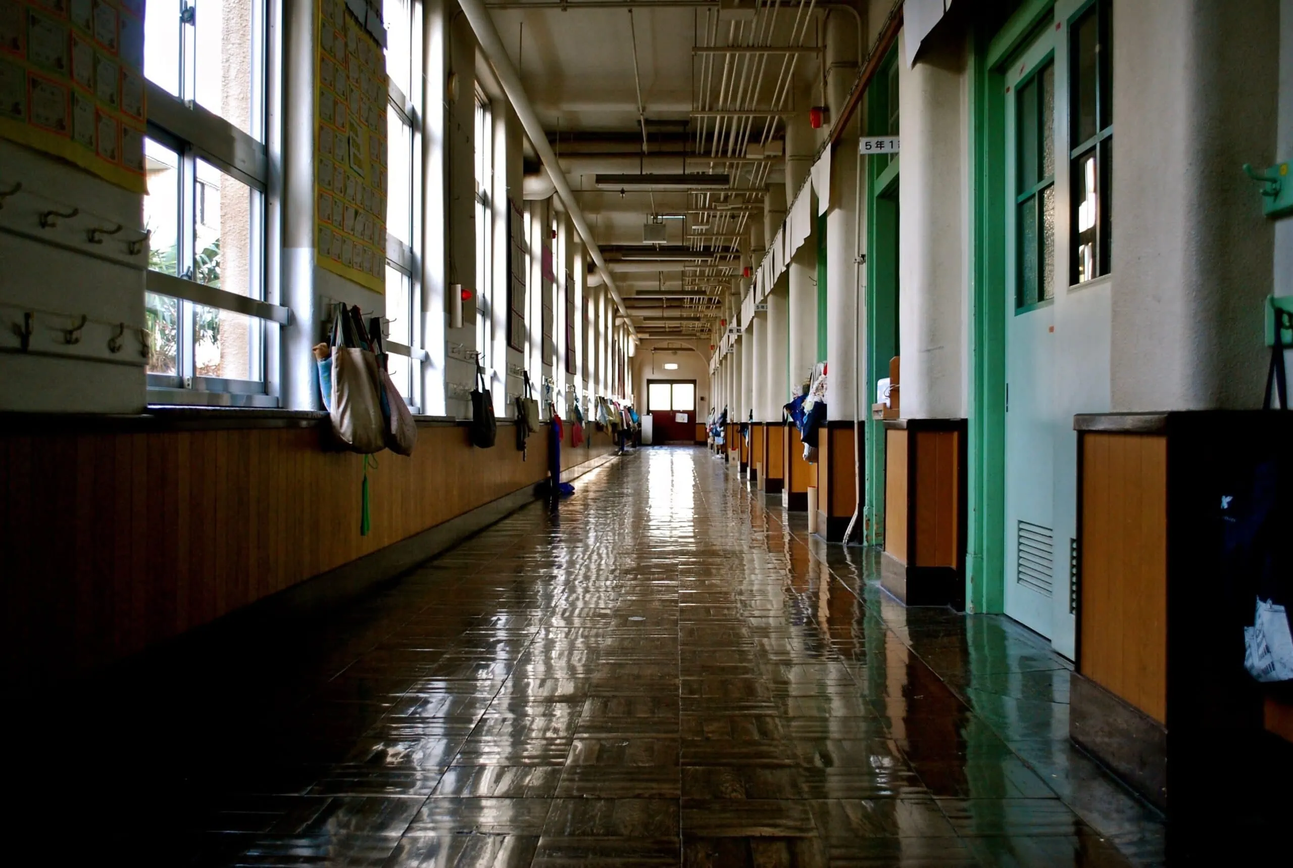 Hallway of school protected by remote video surveillance