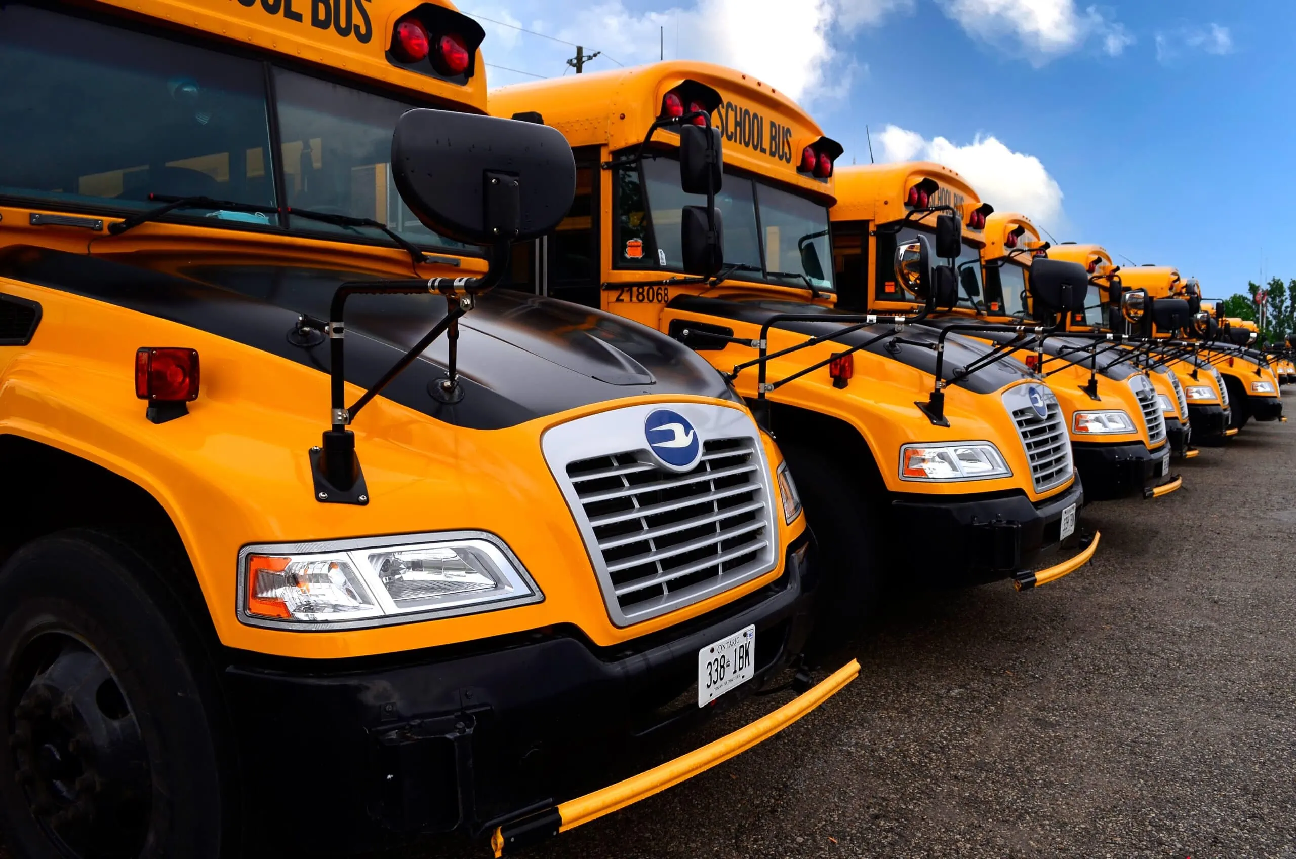 Row of buses in parking lot protected by school bus cameras