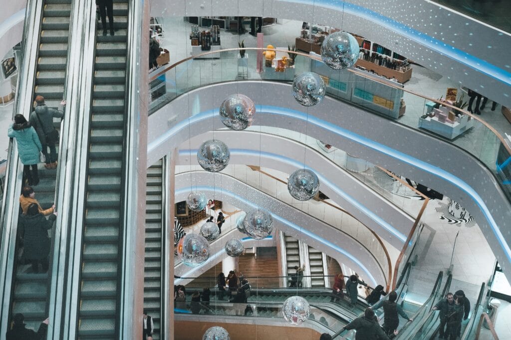 Escalators at a mall equipped with cloud-based cameras