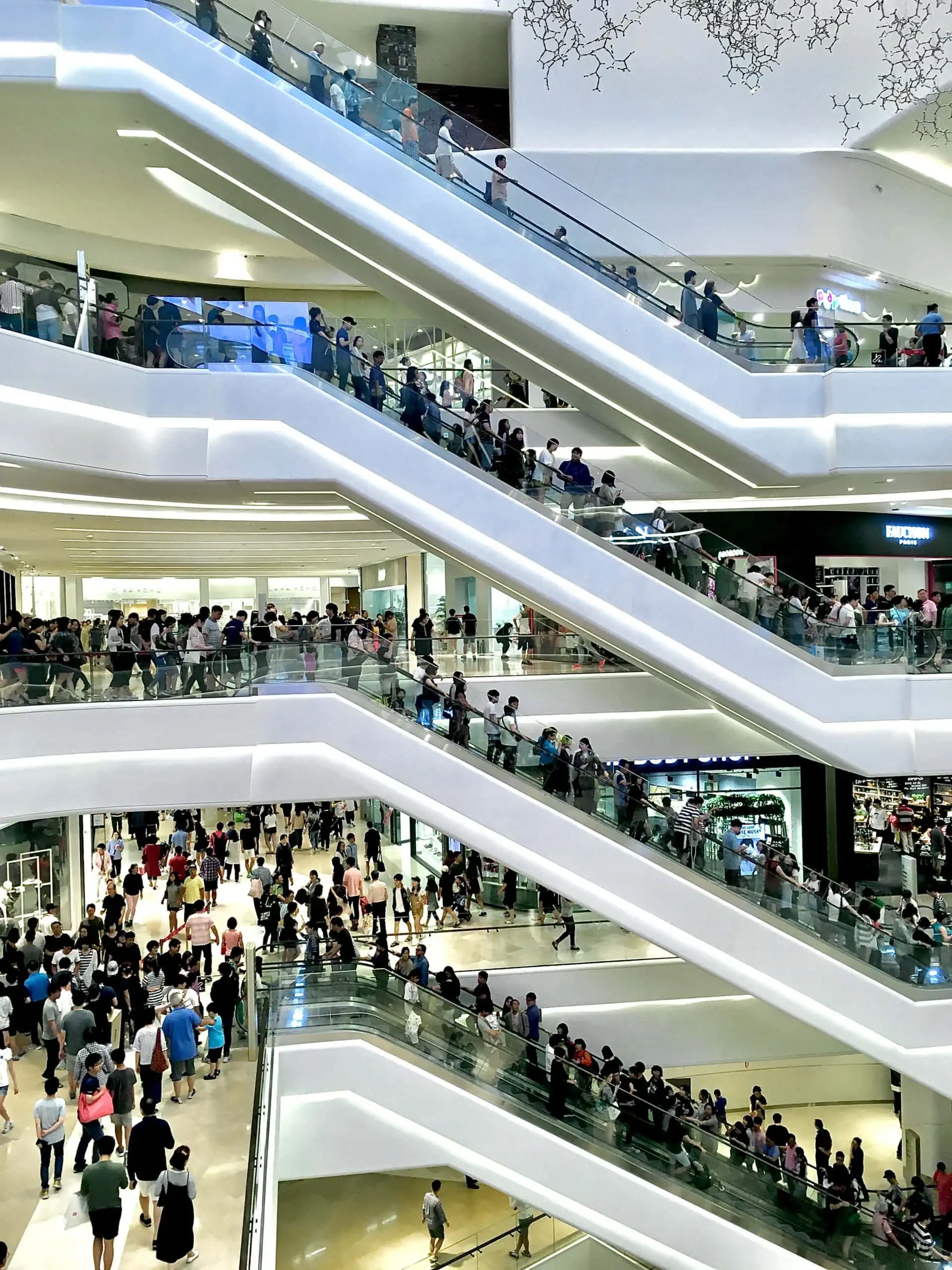 Busy 4-level mall staircase monitored by long distance security cameras
