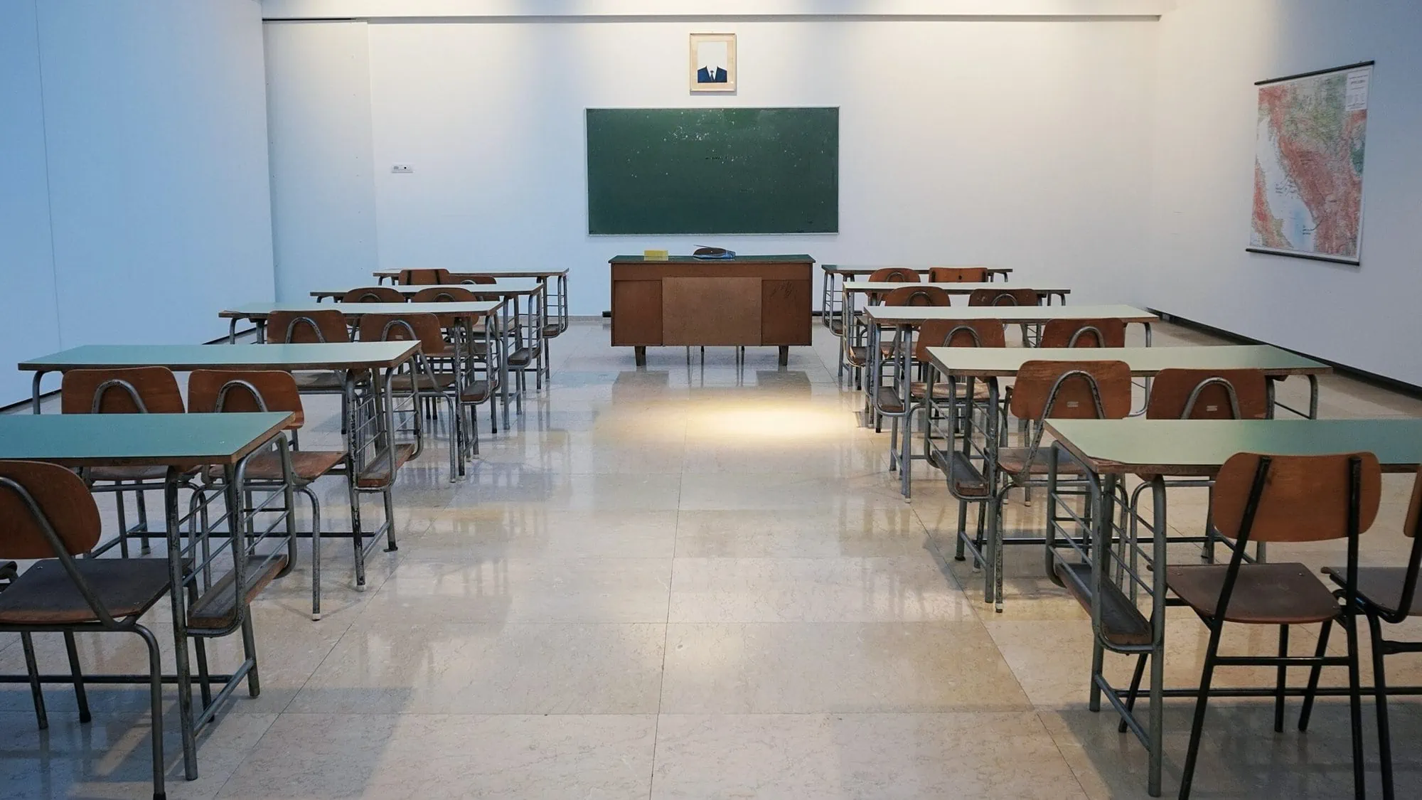 Empty classroom secured with lockdown system for school