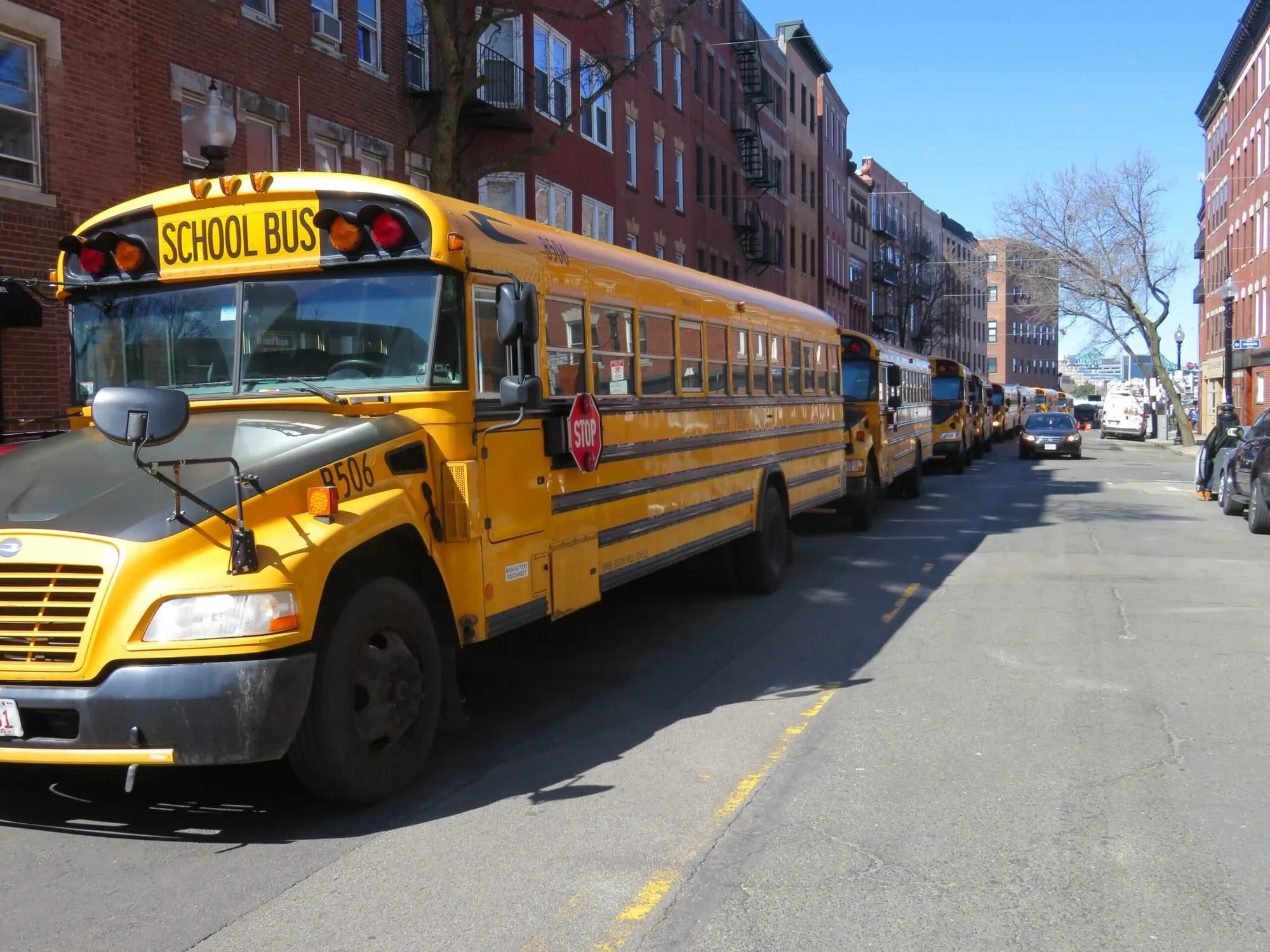 Yellow school bus trucks parked in a row alongside road after arriving to field trip destination with the help of school bus GPS solution